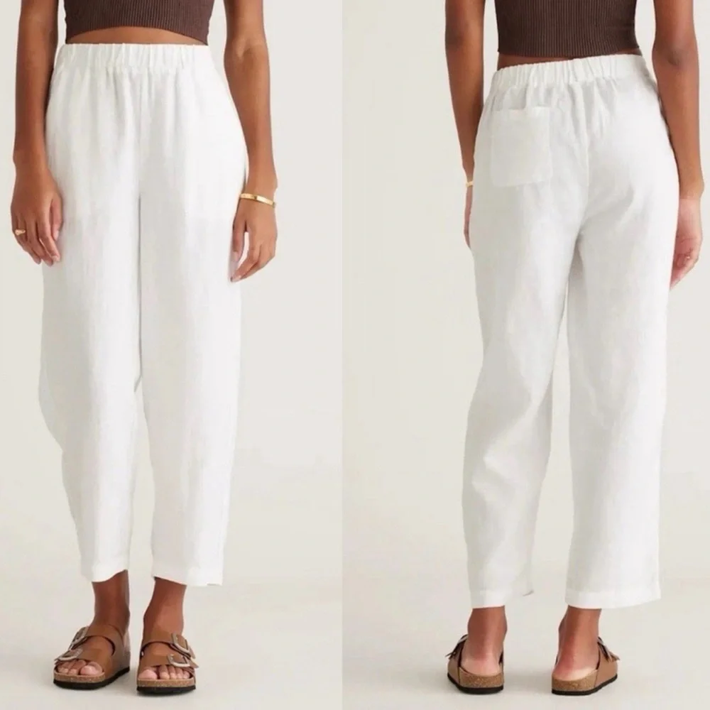 Quince European White Linen Hi-Rise Pull On Ankle Pants
